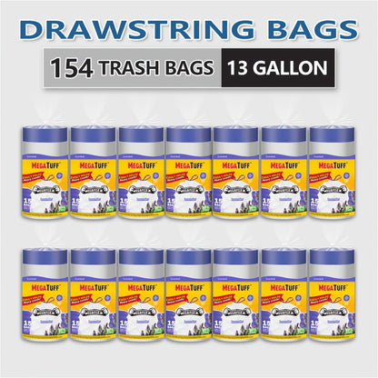 Drawstring Trash Bags with Odor Eliminator Technology – Lemon Mint Scent, Puncture & Tear Resistant, 30 Gal (90 Bags) or 13 Gal (154 Bags) Kitchen Garbage Bags