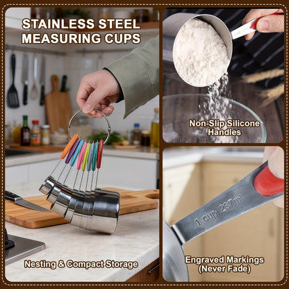 Stainless Steel Measuring Cups and Spoons Set 17 Piece - 8 Measuring Cups, 8 Double-Sided Spoons & 1 Leveler for Baking, Cooking & Kitchen Use, Perfect Holiday Gift