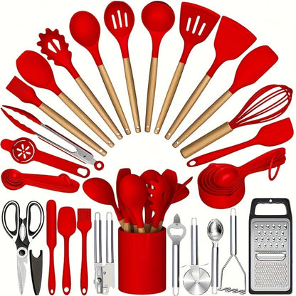Silicone Cooking Utensils Set 35-Piece with Holder Rack Wooden Handle Heat Resistant Kitchen Tools for Non-Stick Pans – Complete Kitchen Utensil Set in Multiple Colors