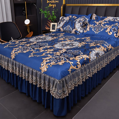 Floral Ruffle Bed Skirt Cool Mat 3 Piece Set with Pillowcase, Double Layer 360° Full Wrap Washable Cooling Mattress Cover, Breathable Summer Bedding Set for Twin Full Queen King, Parisian Romantic Floral