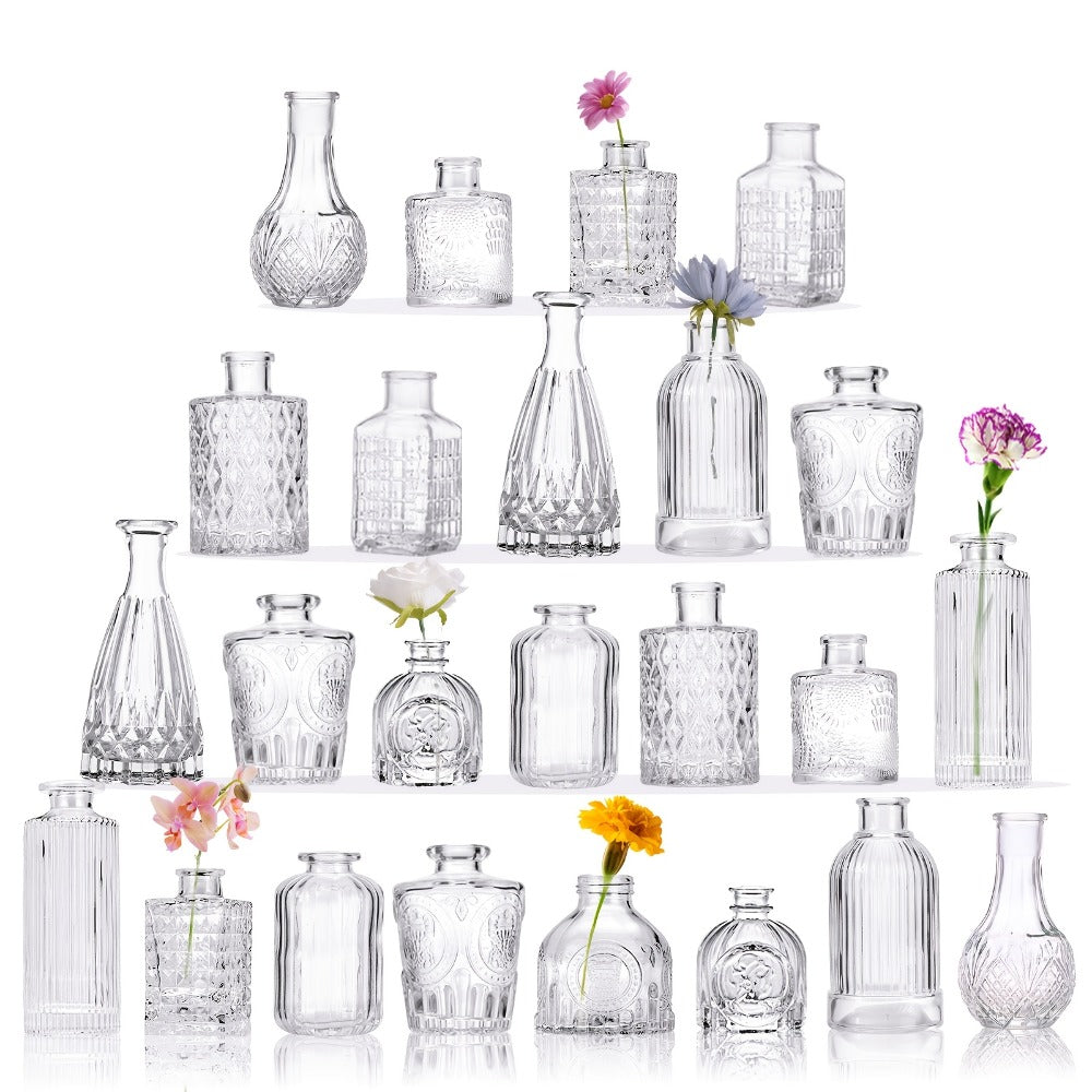 Mini Clear Bud Vases Bulk Set 12/30/43/52pcs – Small Glass-Look Flower Vases for Wedding Centerpieces, Birthday Party, Anniversary, Home Table Decor, Multiple Sizes