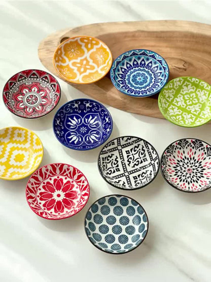 Ceramic Condiment Dish Set of 10 – Bohemian Small Saucer Dipping Bowls for Soy Sauce, Vinegar & Spices | Kitchen, Restaurant, Party, BBQ & Picnic Use | Machine Washable