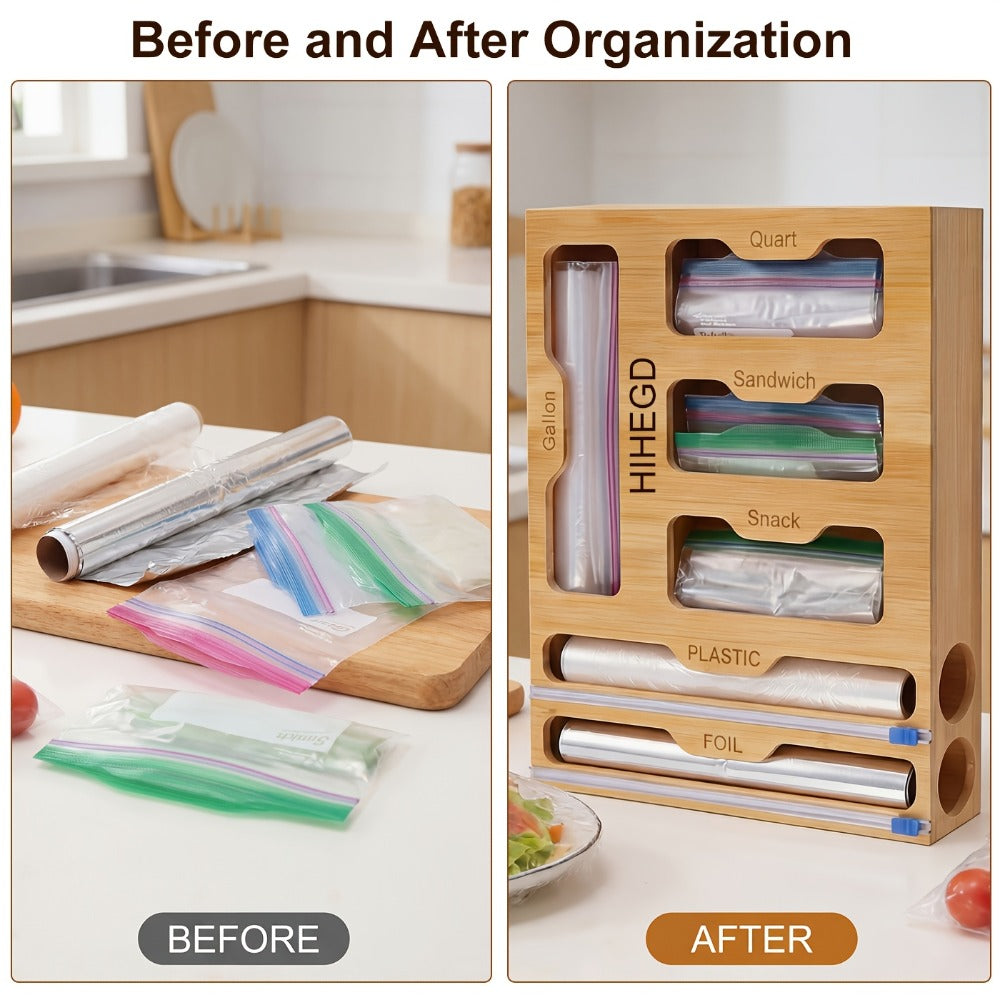 Bamboo Wrap Dispenser 6-in-1 Kitchen Organizer – Built-In Cutter, 6-Grid Storage Box for Plastic Wrap, Aluminum Foil & Bags, Space-Saving Drawer Organizer for Pantry & Kitchen Counter