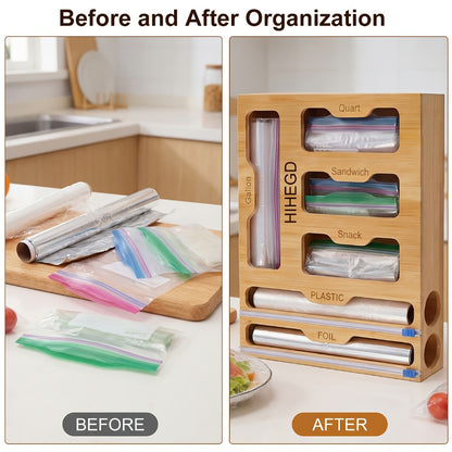 Bamboo Wrap Dispenser 6-in-1 Kitchen Organizer – Built-In Cutter, 6-Grid Storage Box for Plastic Wrap, Aluminum Foil & Bags, Space-Saving Drawer Organizer for Pantry & Kitchen Counter