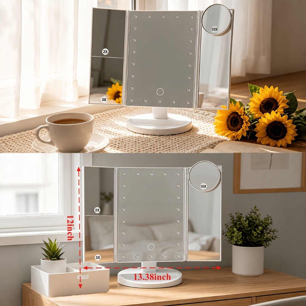 LED Tri-Fold Makeup Mirror with Touch Screen – 1X/2X/3X/10X Magnifying Vanity Mirror, Flexible Adjustable Base, Lighted Travel Mirror for Makeup Desk, Bedroom & Bathroom | Gift for Women