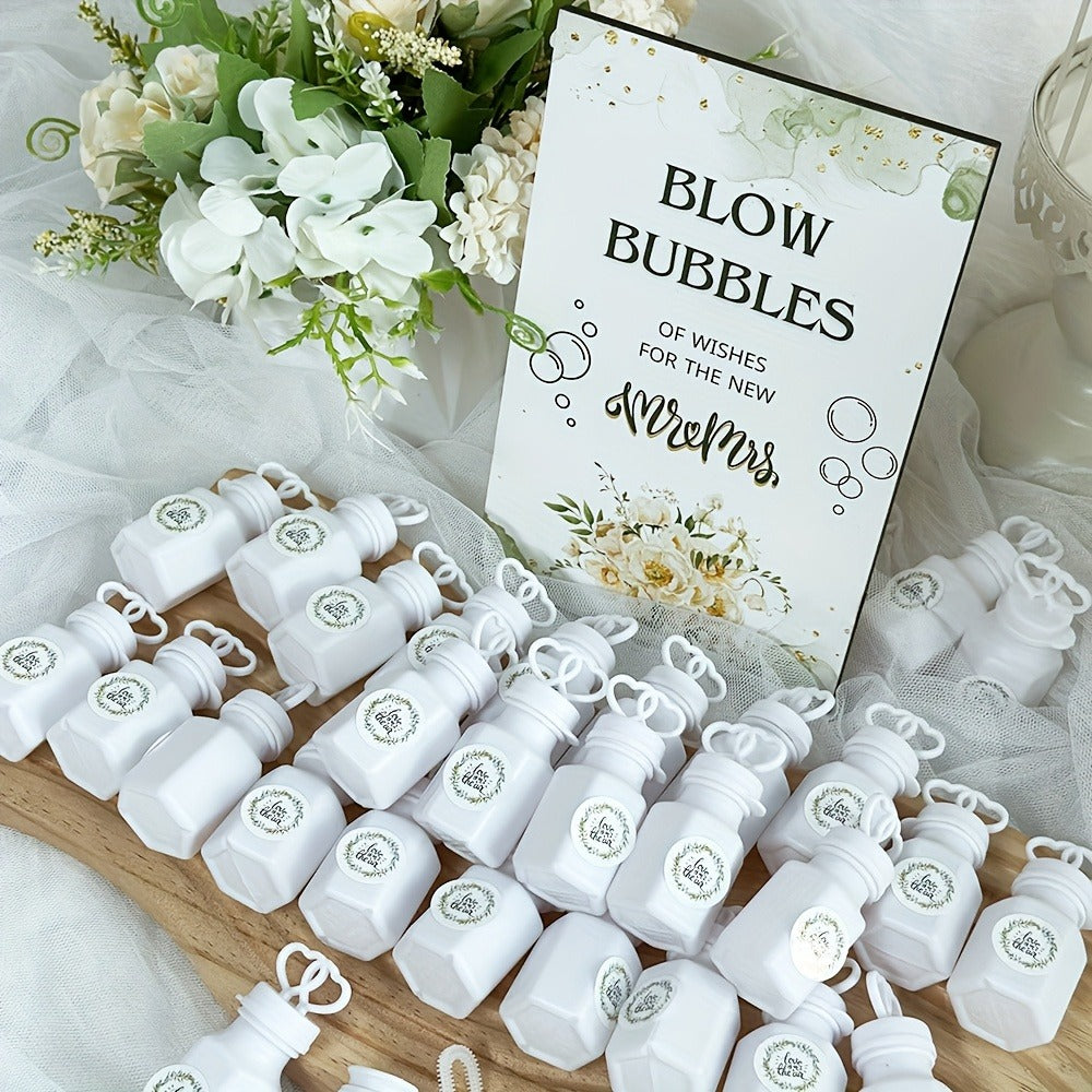 Wedding Bubble Bottle Party Favor Set 50 Mini Bottles with Wooden Sign & Stickers – Liquid-Free for Weddings Birthdays Showers