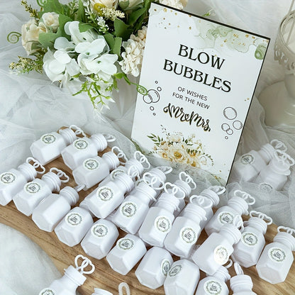 Wedding Bubble Bottle Party Favor Set 50 Mini Bottles with Wooden Sign & Stickers – Liquid-Free for Weddings Birthdays Showers