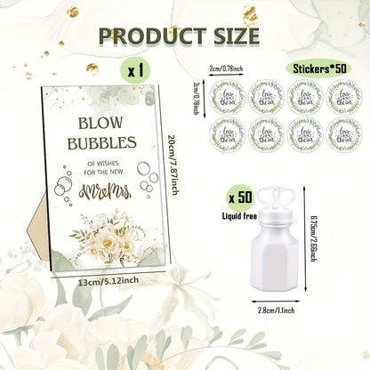 Wedding Bubble Bottle Party Favor Set 50 Mini Bottles with Wooden Sign & Stickers – Liquid-Free for Weddings Birthdays Showers