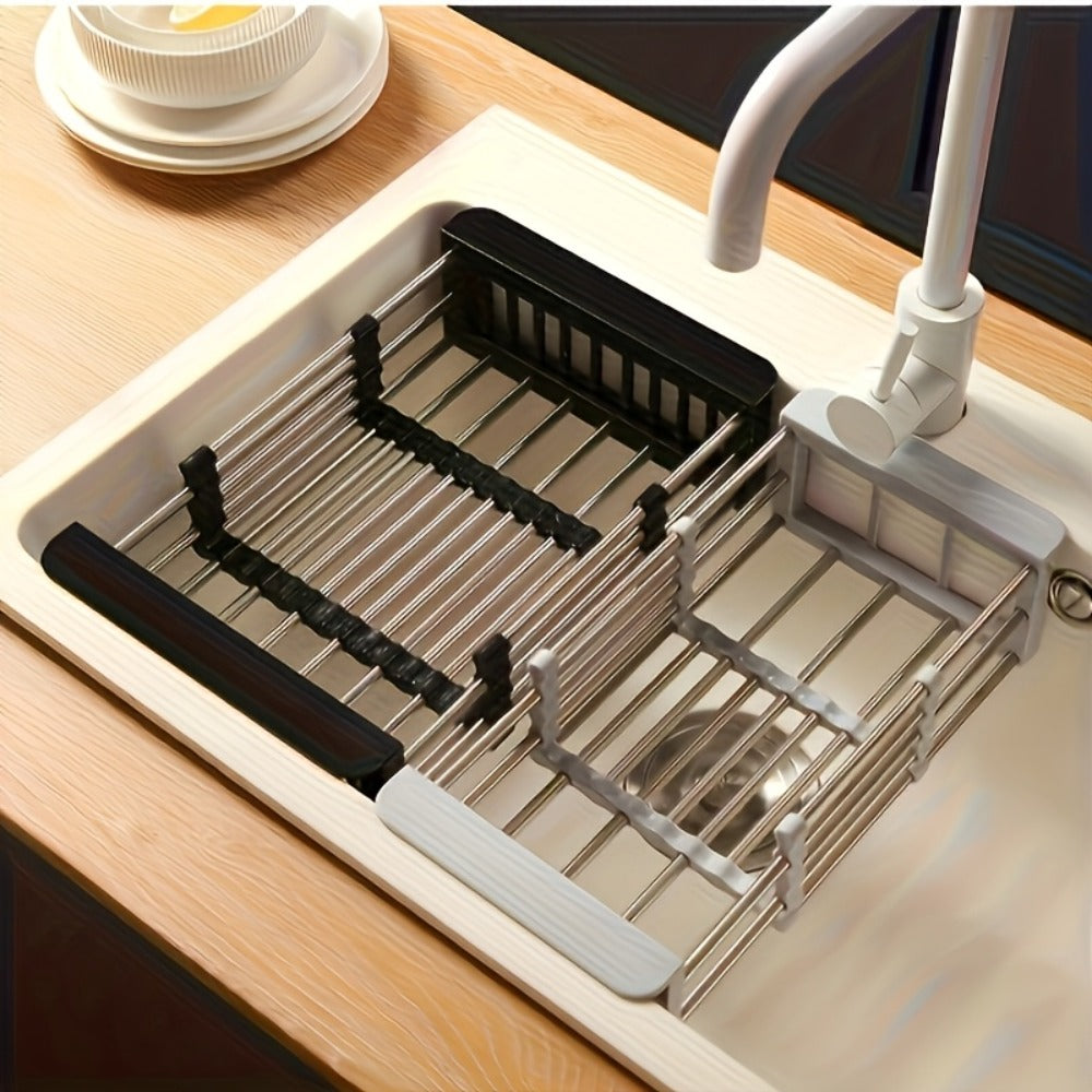 Dish Drying Rack Stainless Steel Adjustable – Expandable Over Sink Dish Rack with Retractable Width & Height for Kitchen Countertop, Space-Saving 304 Stainless Steel Drainer, Easy to Clean