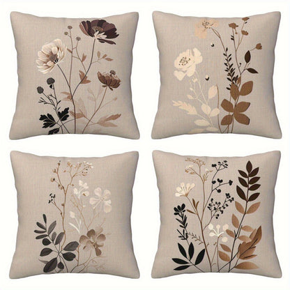Throw Pillow Covers 18x18 Set of 4 - Floral Botanical Square Cushion Cases Beige Brown Gray | Zipper Closure Machine Washable Decorative Pillows for Living Room Bedroom Sofa Couch Contemporary Decor