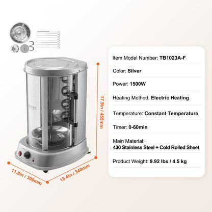 Electric Shawarma Grill Machine 20L Vertical Gyro Rotisserie Doner Kebab Maker Stainless Steel 360 Auto Rotation Timer 419°F Max Temp Multifunctional for Home Family Gatherings