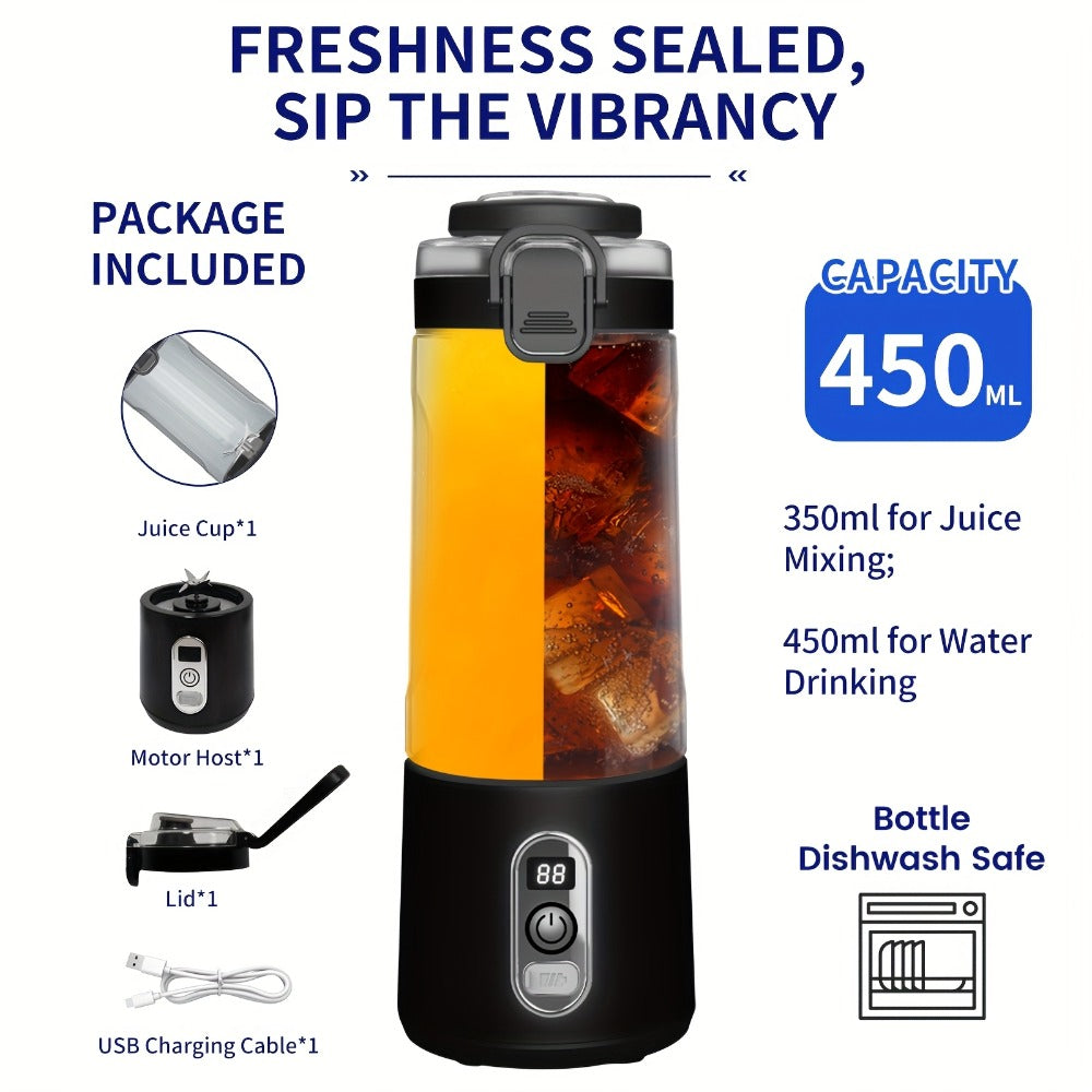 Portable Smoothie Blender USB-C Fast Charge 6-Blade Stainless Steel – Digital Timer Battery Display High-Speed Ice Crush No-Spill Lid | Protein Shake Gym Travel Blender in Black Pink White