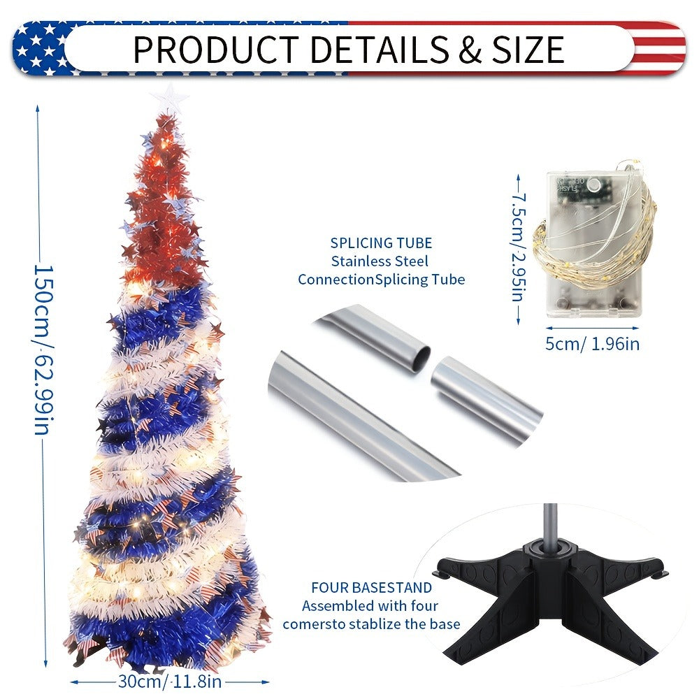 4th of July Patriotic Decoration Tree 5ft – Foldable LED Light String with Red White Blue Stars & Stripes, Independence Day Party Decor, Patriotic Theme Display Tree, Summer Holiday Gift