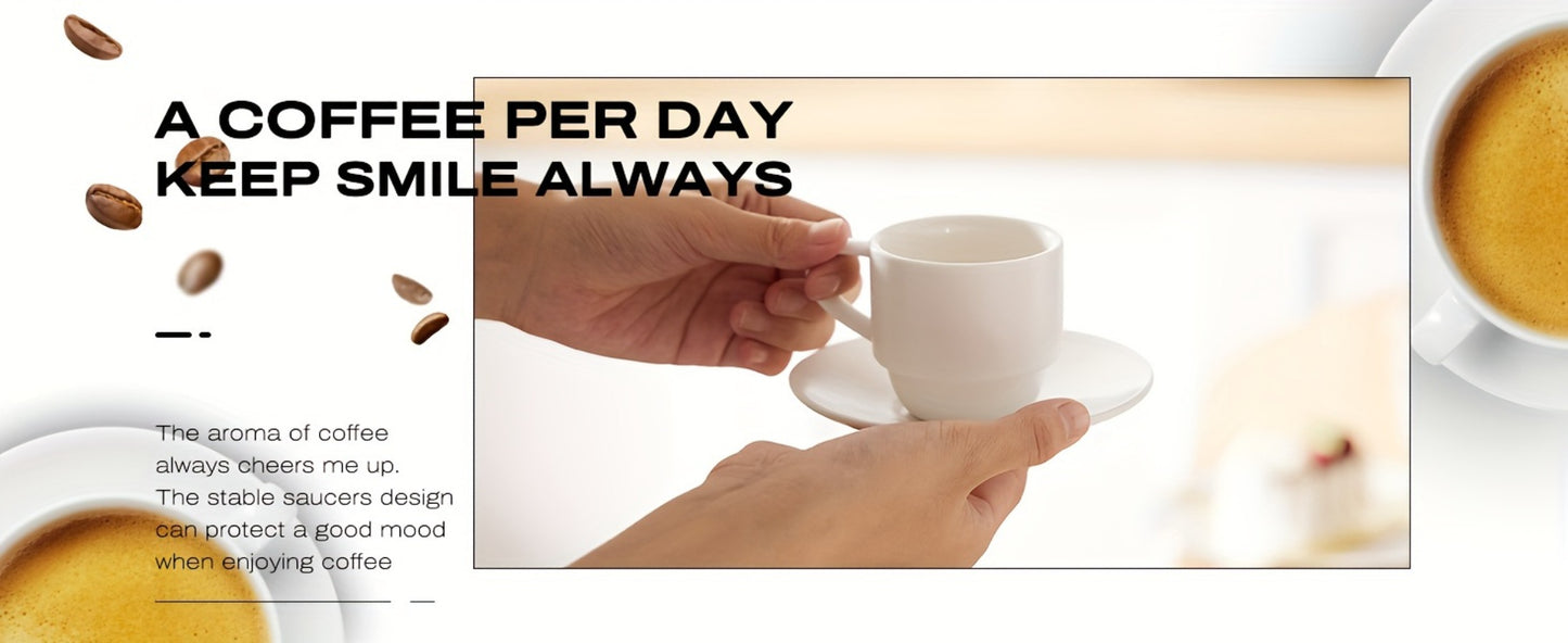 Espresso Cups Set of 6 with Saucers, Spoons & Metal Stand, 4oz Stackable Ceramic Cappuccino Mugs for Double Espresso, Lungo & Afternoon Tea – Matte Black & Matte White