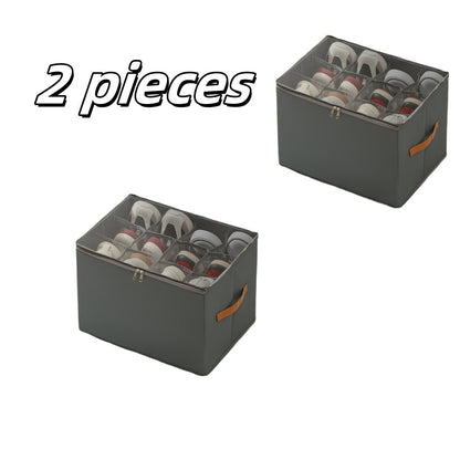 Oxford Fabric Shoe Storage Organizer with Adjustable Dividers, Transparent Lid & Handles – Holds 12 Pairs, Foldable, Zippered Dustproof, 2 or 4 Pack