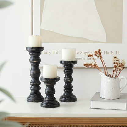 Wood Pillar Candle Holder Set of 3 - Farmhouse Rustic Wooden Candlestick Holders for Pillar Candles, Tiered Tray Decor, Table Centerpiece, Mantel Shelf Home Decor, White Black Brown