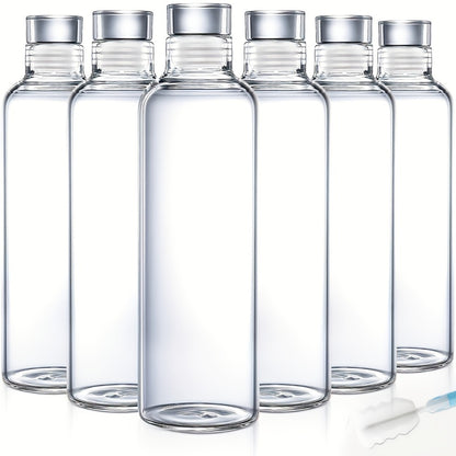 Borosilicate Glass Water Bottle Set of 6 with Lid Sleeve and Cleaning Brush – 18oz Reusable Juice Bottles | Non-Slip Sports Drinking Vessels for Home Office Gym Travel