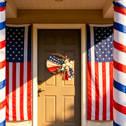 Patriotic 4th of July Door Wreath – Red White & Blue American Flag Wreath with Burlap Bow for Independence Day, Memorial Day & Patriotic Home, Porch & Office Decor