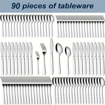 Stainless Steel Silverware Set 60 or 90 Piece with Gift Box – Service for 12 or 18, Includes Steak Knives, Salad Forks & Dessert Spoons, Dishwasher Safe Cutlery for Home, Wedding & Outdoor