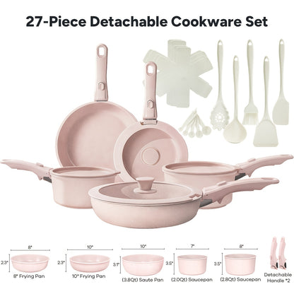 Nonstick Cookware Set 23 & 27 Piece with Removable Handles – Induction Oven Dishwasher Safe Pots and Pans | Non-Toxic Frying Pans Saucepans Space-Saving Kitchen Cooking Set in Beige & Pink