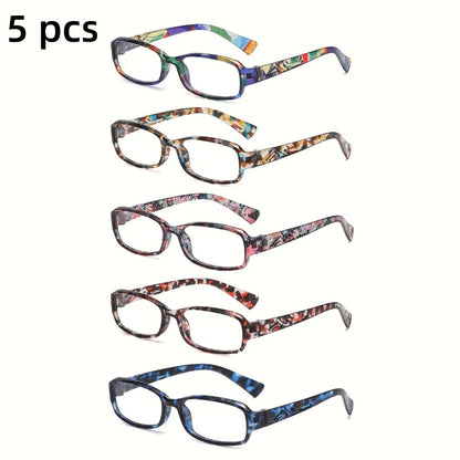 Reading Glasses 5 Pairs Square Fashion Printed Multicolor Frames Men Women 1.0X-4.0X Magnification High Definition Lenses Daily Office Use