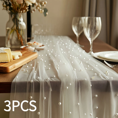 White Pearl Beaded Tulle Table Runner 2.5×9.8ft | Wedding Ceremony Backdrop, Birthday Party & Valentine's Day Romantic Decor, Sheer Mesh Fabric 3PCS