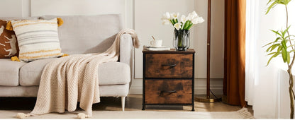 Nightstand with 2 Storage Drawers, 20" Bedside Table with Wooden Top & Fabric Cabinet, Steel Frame Mini Dresser for Bedroom, Dorm, Living Room – 1pc or Set of 2pcs, Black White Grey Rustic Brown