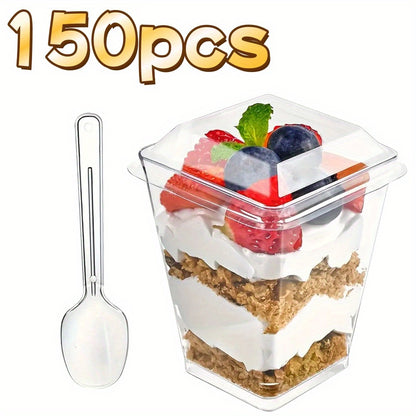 Disposable Dessert Cups with Lids & Spoons, 5oz Plastic Pudding Cups Set — 50/100/150/200 Pack Mini Clear Cups for Parties, Weddings, Picnics, Camping & Family Gatherings