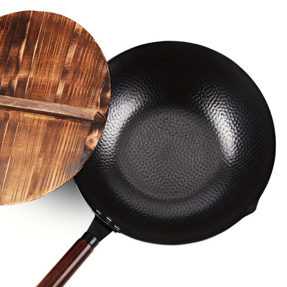 Carbon Steel Wok Pan 12.6 Inch with Lid & 10 Accessories – Uncoated Chinese Stir Fry Wok, Flat Bottom for Electric Induction Gas Stoves, 11-Piece Cookware Set