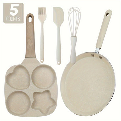 Non-Stick Cookware Set 5-Piece Beige – Pumice Stone Coating Egg Frying Pan Pancake Skillet with Kitchen Utensils | Aluminum Induction Compatible Home Cooking Set for Eggs Pancakes & Breakfast