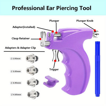 Ear Piercing Gun Kit with 24pcs Stainless Steel Studs – Professional Self Piercing Tool for Ear & Nose with Marking Pen, Safe & Easy to Use for Home & Salon