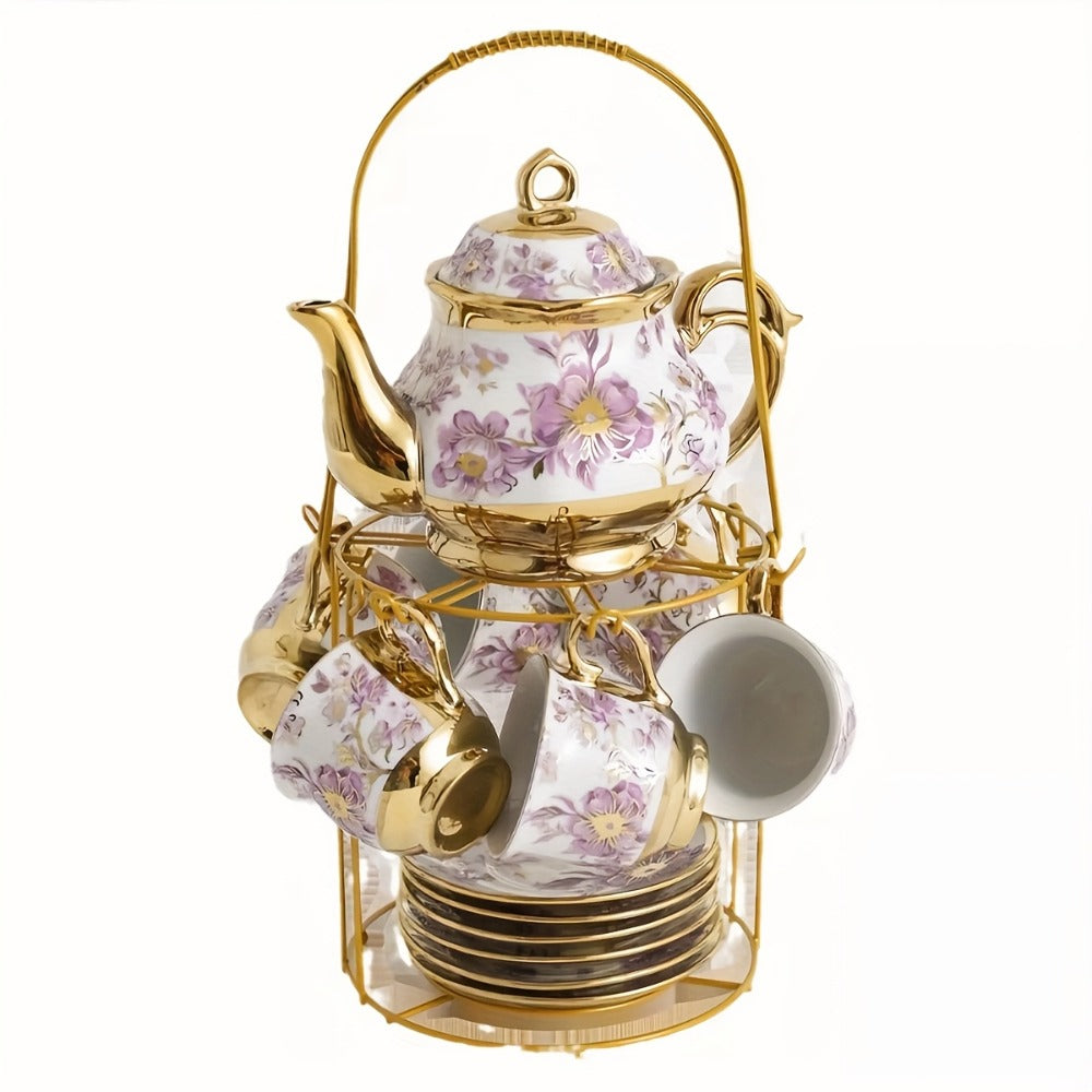 European Floral Ceramic Tea Set 20 Pcs – Italian Style Afternoon Tea Set with Metal Stand – Blooming Pattern Teapot & Cups – Elegant Gift for Tea Lovers & Special Occasions – Golden