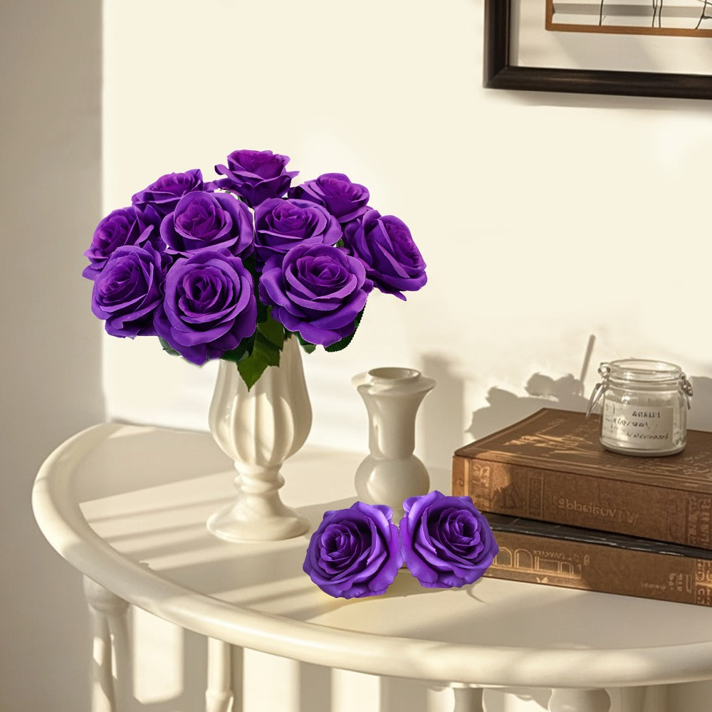 10pcs Artificial Silk Roses Bulk - Fake Flowers for Wedding Home Decor, 19.69" Long Stem, Deep Purple & Dark Green