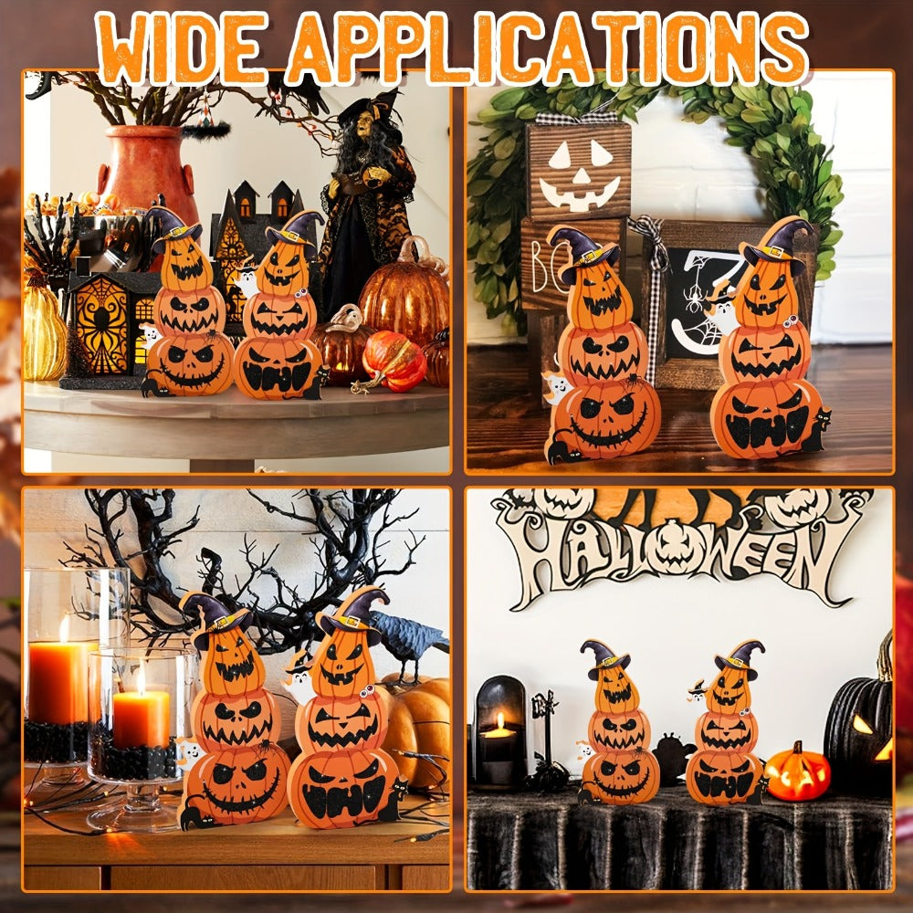 Halloween Tiered Tray Decor Set of 2 – Glittery Wooden Pumpkin Stack with Witch Hat, Spooky Centerpiece for Autumn & Fall Home Decoration, Halloween Tabletop Ornament & Seasonal Tiered Tray Accessory