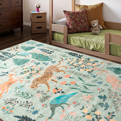 Area Rug 8x10 Ft Soft Non-Slip Machine Washable Large Floor Rug with Floral Forest Animal Patterns for Living Room Bedroom Home Decor – Durable Easy Clean Indoor Carpet