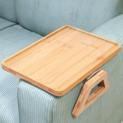 Bamboo Sofa Arm Tray with Folding Legs – Clip-On Couch Armrest Table for Snacks Drinks Remote Control Living Room Bedroom Breakfast Tray Natural Rectangular