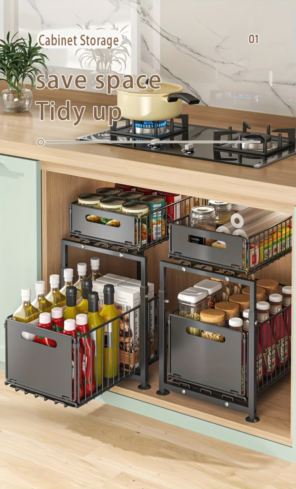 Under Sink Organizer 2-Tier Slide Out Pull Out Drawer Metal Basket Height Adjustable - Under Sink Cabinet Organizer for Kitchen Bathroom Storage, Sliding Shelf Rack for Cleaning Supplies Toiletries