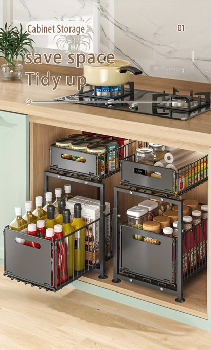 Under Sink Organizer 2-Tier Slide Out Pull Out Drawer Metal Basket Height Adjustable - Under Sink Cabinet Organizer for Kitchen Bathroom Storage, Sliding Shelf Rack for Cleaning Supplies Toiletries