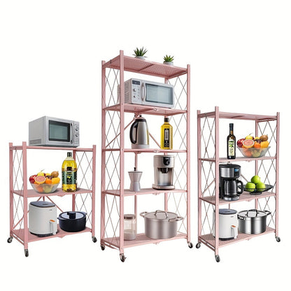 Foldable Storage Rack with Lockable Wheels 3 4 5 Tier Carbon Steel No Assembly Space Saving Floor Standing Shelf for Bedroom Balcony Garden