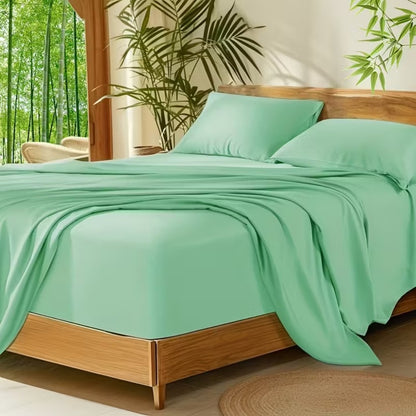 Bamboo Cooling Bed Sheet Set 4pcs - Ultra Soft Breathable Deep Pocket Fitted Sheets, 2200TC Cooling Fabric, Shrink & Wrinkle Resistant, All-Season Bedding