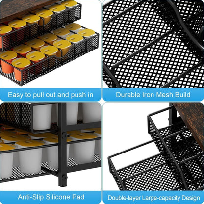K-Cup Coffee Pod Holder 72 Capacity – 2-Tier Sliding Drawer Coffee Pod Organizer with Wood Top & Metal Frame, Non-Slip Base, Stackable Countertop Storage for Home, Office & Cafe – Silver