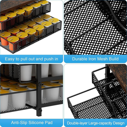 K-Cup Coffee Pod Holder 72 Capacity – 2-Tier Sliding Drawer Coffee Pod Organizer with Wood Top & Metal Frame, Non-Slip Base, Stackable Countertop Storage for Home, Office & Cafe – Silver