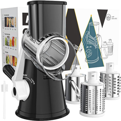 Rotary Cheese Grater with Hand Crank – 3 Interchangeable Blades for Cheese, Vegetables & Nuts, Non-Slip Suction Base, Includes Cleaning Brush – Manual Cheese Shredder for Kitchen (6 Colors)