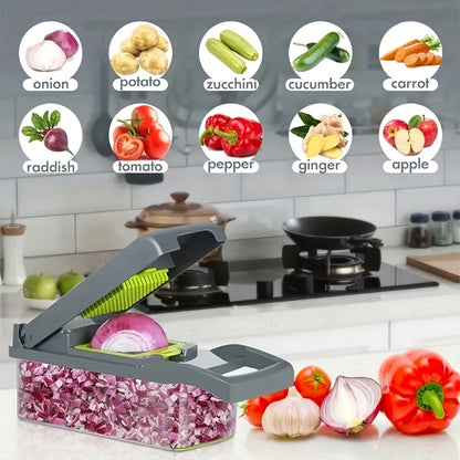 Vegetable Chopper 16-in-1 Manual Food Chopper Set – 8 Stainless Steel Blades, 304 Container, Peeler & Filter | Onion, Garlic & Carrot Slicer Dicer | Professional Kitchen Meal Prep Tool