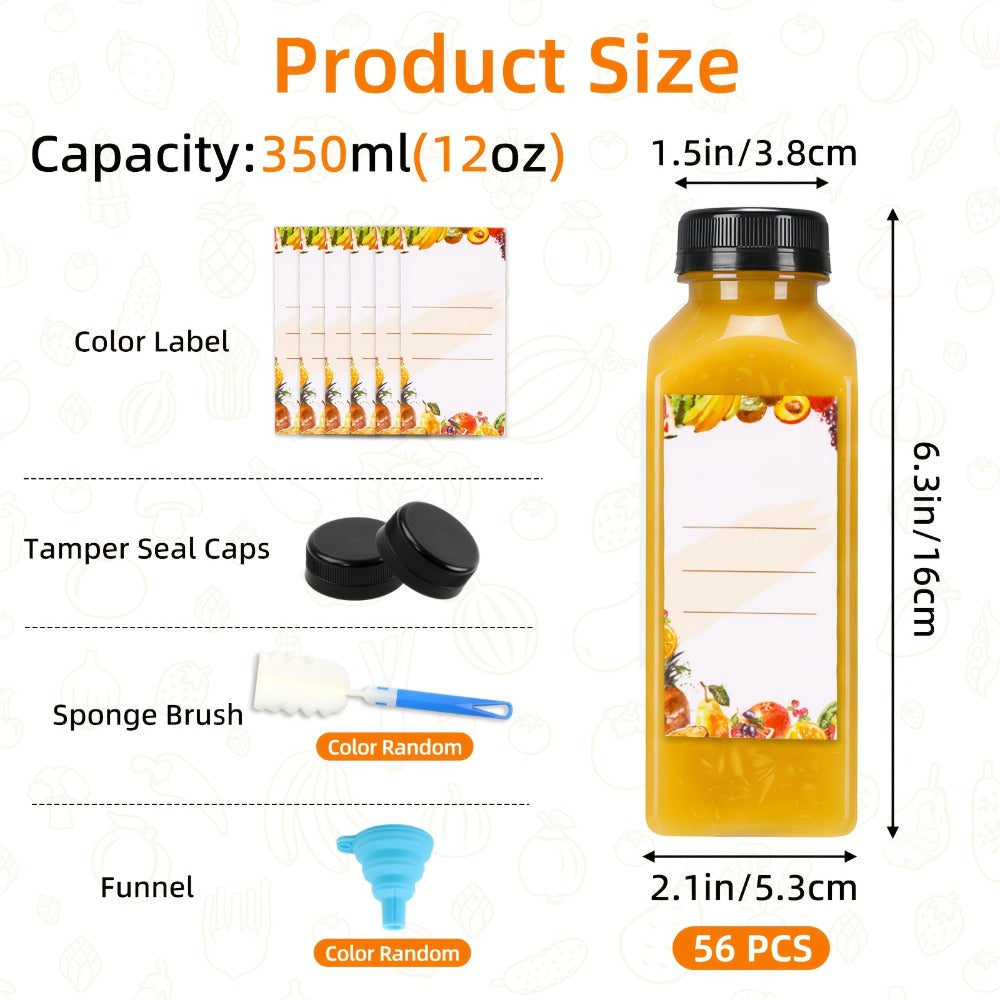 Plastic Juice Bottles with Lids - Clear Reusable Drink Containers for Juice Smoothies Water and Beverages, Available in 12oz and 16oz in Sets of 20, 36, 56 or 100, Includes Funnel and Cleaning Brush