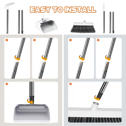 Foldable Broom and Dustpan Set with Long Handle 2-in-1 3-in-1 4-in-1 Floor Brush Combo for Home Office Dorm Room Indoor Outdoor Cleaning