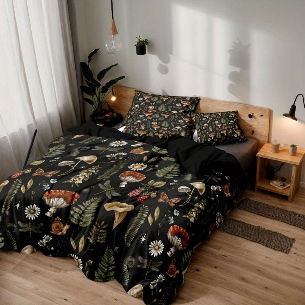 Duvet Cover Set 3-Piece Forest Mushroom Pattern – Soft Polyester Bedding with Zipper Closure, Twin Full Queen King – Bedroom & Guest Room
