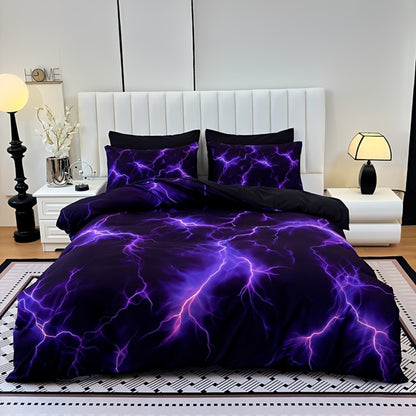 Duvet Cover Set 3 Piece Purple Lightning Digital Print - 100% Polyester Bedding Set with 2 Pillowcases, Twin Full Queen King, Colorful Graphic Bedroom Decor, Machine Washable