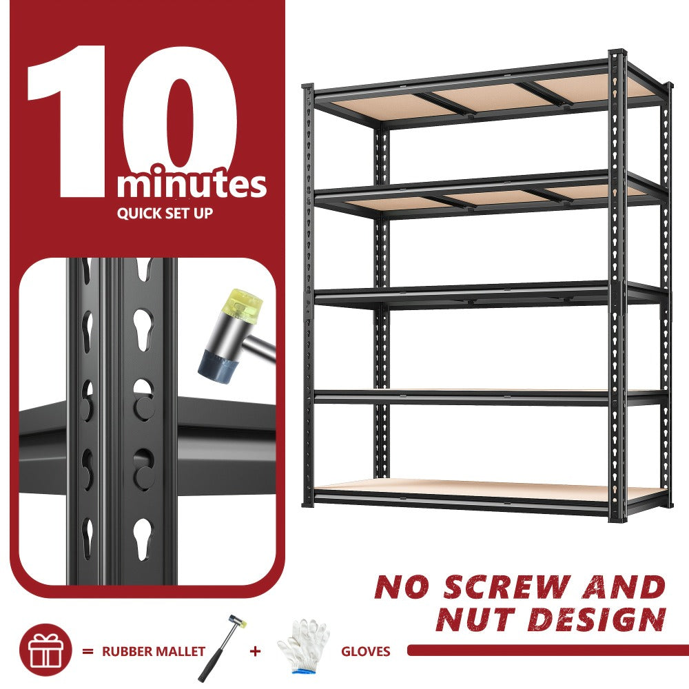 5-Tier Heavy Duty Garage Shelving Unit 2000LBS – Metal & Wood Storage Shelves, Adjustable Utility Rack for Garage, Basement, Pantry, Warehouse, Kitchen & Office, Tool-Free Assembly, Black