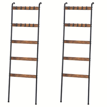 Blanket Ladder 5 Tier Farmhouse Wood with 10 Removable Hooks Wall Leaning Towel Rack Quilt Holder for Living Room Bathroom Bedroom Decor